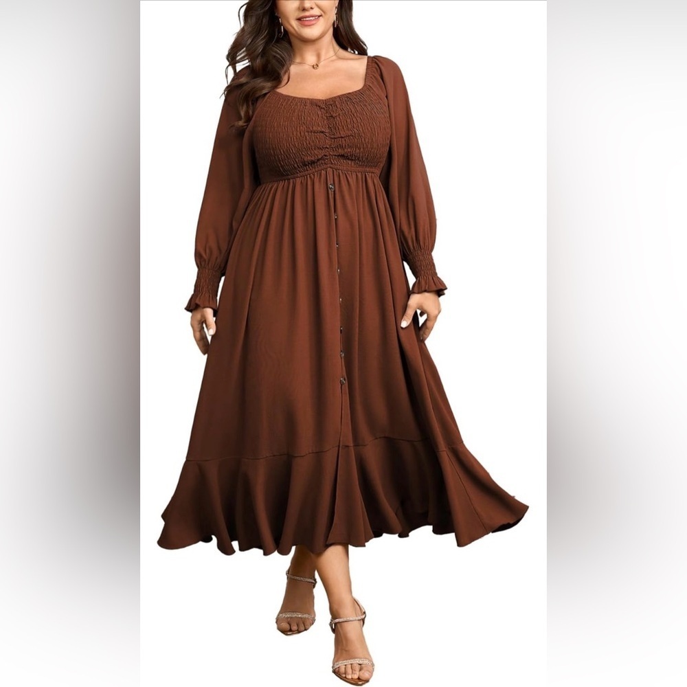 🆕Plus Size Smocked Casual Maxi Dress for Curvy Dress-Rust Red